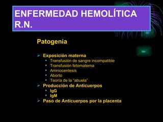 ENFERMEDAD HEMOLÍTICA  R.N. Patogenia Exposición materna Transfusión de sangre incompatible Transfusión fetomaterna Amniocentesis Aborto Teoría de la “abuela” Producción de Anticuerpos IgG IgM Paso de Anticuerpos por la placenta 