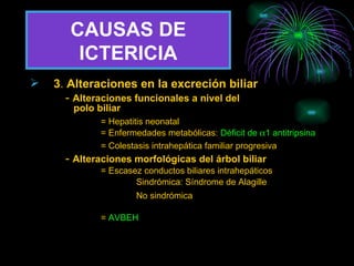 CAUSAS DE ICTERICIA 3 .  Alteraciones en la excreción biliar -  Alteraciones funcionales a nivel del        polo biliar = Hepatitis neonatal = Enfermedades metabólicas:  Déficit de   1 antitripsina = Colestasis intrahepática familiar progresiva -  Alteraciones morfológicas del árbol biliar = Escasez conductos biliares intrahepáticos Sindrómica: Síndrome de Alagille No sindrómica =  AVBEH 