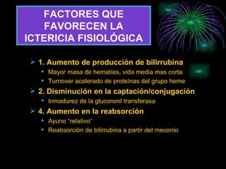 FACTORES QUE FAVORECEN LA ICTERICIA FISIOLÓGICA 1. Aumento de producción de bilirrubina Mayor masa de hematíes, vida media mas corta Turnover acelerado de proteínas del grupo heme 2. Disminución en la captación/conjugación Inmadurez de la glucoronil transferasa 4. Aumento en la reabsorción Ayuno “relativo” Reabsorción de bilirrubina a partir del meconio 