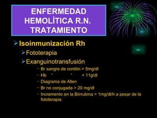 ENFERMEDAD HEMOLÍTICA R.N.  TRATAMIENTO Isoinmunización Rh Fototerapia Exanguinotransfusión Br sangre de cordón > 5mg/dl Hb  “  “  < 11g/dl Diagrama de Allen Br no conjugada > 20 mg/dl Incremento en la Biirrubina > 1mg/dl/h a pesar de la fototerapia 