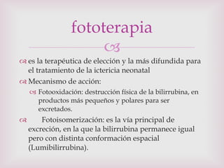 es la terapéutica de elección y la más difundida para el tratamiento de la ictericia neonatal Mecanismo de acción: Fotooxidación: destrucción física de la bilirrubina, en productos más pequeños y polares para ser excretados. Fotoisomerización: es la vía principal de excreción, en la que la bilirrubina permanece igual pero con distinta conformación espacial (Lumibilirrubina). fototerapia 