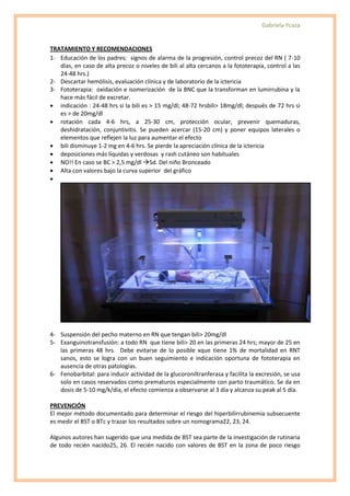 Gabriela Ycaza


TRATAMIENTO Y RECOMENDACIONES
1- Educación de los padres: signos de alarma de la progresión, control precoz del RN ( 7-10
   días, en caso de alta precoz o niveles de bili al alta cercanos a la fototerapia, control a las
   24-48 hrs.)
2- Descartar hemólisis, evaluación clínica y de laboratorio de la ictericia
3- Fototerapia: oxidación e isomerización de la BNC que la transforman en lumirrubina y la
   hace más fácil de excretar.
 indicación : 24-48 hrs si la bili es > 15 mg/dl; 48-72 hrsbili> 18mg/dl; después de 72 hrs si
   es > de 20mg/dl
 rotación cada 4-6 hrs, a 25-30 cm, protección ocular, prevenir quemaduras,
   deshidratación, conjuntivitis. Se pueden acercar (15-20 cm) y poner equipos laterales o
   elementos que reflejen la luz para aumentar el efecto
 bili disminuye 1-2 mg en 4-6 hrs. Se pierde la apreciación clínica de la ictericia
 deposiciones más líquidas y verdosas y rash cutáneo son habituales
 NO!! En caso se BC > 2,5 mg/dl Sd. Del niño Bronceado
 Alta con valores bajo la curva superior del gráfico





4- Suspensión del pecho materno en RN que tengan bili> 20mg/dl
5- Exanguinotransfusión: a todo RN que tiene bili> 20 en las primeras 24 hrs; mayor de 25 en
   las primeras 48 hrs. Debe evitarse de lo posible xque tiene 1% de mortalidad en RNT
   sanos, esto se logra con un buen seguimiento e indicación oportuna de fototerapia en
   ausencia de otras patologías.
6- Fenobarbital: para inducir actividad de la glucoroniltranferasa y facilita la excresión, se usa
   solo en casos reservados como prematuros especialmente con parto traumático. Se da en
   dosis de 5-10 mg/k/día, el efecto comienza a observarse al 3 día y alcanza su peak al 5 día.

PREVENCIÓN
El mejor método documentado para determinar el riesgo del hiperbilirrubinemia subsecuente
es medir el BST o BTc y trazar los resultados sobre un nomograma22, 23, 24.

Algunos autores han sugerido que una medida de BST sea parte de la investigación de rutinaria
de todo recién nacido25, 26. El recién nacido con valores de BST en la zona de poco riesgo
 