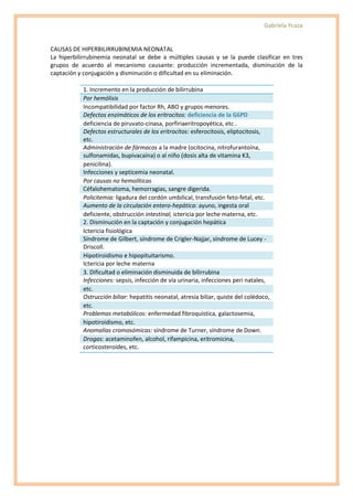 Gabriela Ycaza


CAUSAS DE HIPERBILIRRUBINEMIA NEONATAL
La hiperbilirrubinemia neonatal se debe a múltiples causas y se la puede clasificar en tres
grupos de acuerdo al mecanismo causante: producción incrementada, disminución de la
captación y conjugación y disminución o dificultad en su eliminación.

           1. Incremento en la producción de bilirrubina
           Por hemólisis
           Incompatibilidad por factor Rh, ABO y grupos menores.
           Defectos enzimáticos de los eritrocitos: deficiencia de la G6PD
           deficiencia de piruvato-cinasa, porfiriaeritropoyética, etc .
           Defectos estructurales de los eritrocitos: esferocitosis, eliptocitosis,
           etc.
           Administración de fármacos a la madre (ocitocina, nitrofurantoína,
           sulfonamidas, bupivacaína) o al niño (dosis alta de vitamina K3,
           penicilina).
           Infecciones y septicemia neonatal.
           Por causas no hemolíticas
           Céfalohematoma, hemorragias, sangre digerida.
           Policitemia: ligadura del cordón umbilical, transfusión feto-fetal, etc.
           Aumento de la circulación entero-hepática: ayuno, ingesta oral
           deficiente, obstrucción intestinal, ictericia por leche materna, etc.
           2. Disminución en la captación y conjugación hepática
           Ictericia fisiológica
           Síndrome de Gilbert, síndrome de Crigler-Najjar, síndrome de Lucey -
           Driscoll.
           Hipotiroidismo e hipopituitarismo.
           Ictericia por leche materna
           3. Dificultad o eliminación disminuida de bilirrubina
           Infecciones: sepsis, infección de vía urinaria, infecciones peri natales,
           etc.
           Ostrucción biliar: hepatitis neonatal, atresia biliar, quiste del colédoco,
           etc.
           Problemas metabólicos: enfermedad fibroquística, galactosemia,
           hipotiroidismo, etc.
           Anomalías cromosómicas: síndrome de Turner, síndrome de Down.
           Drogas: acetaminofen, alcohol, rifampicina, eritromicina,
           corticosteroides, etc.
 