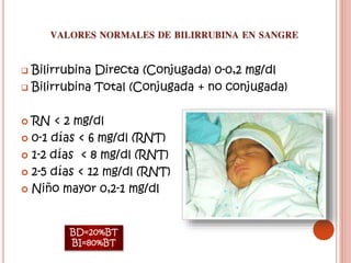  Bilirrubina Directa (Conjugada) 0-0,2 mg/dl
 Bilirrubina Total (Conjugada + no conjugada)
 RN < 2 mg/dl
 0-1 días < 6 mg/dl (RNT)
 1-2 días < 8 mg/dl (RNT)
 2-5 días < 12 mg/dl (RNT)
 Niño mayor 0,2-1 mg/dl
BD=20%BT
BI=80%BT
 