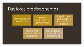Factores predisponentes
Mayor número
de eritrocitos
Menor
sobrevida del
glóbulo rojo
Ingesta oral
disminuida, y
escasa flora
intestinal
Insuficiente
funcionalidad
hepática
Presencia de
sangrados y
hematomas
 