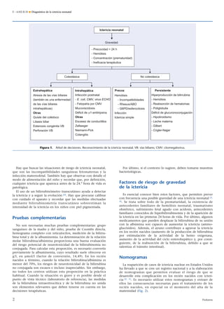Hay que buscar las situaciones de riesgo de ictericia neonatal,
que son las incompatibilidades sanguíneas fetomaternas y la
infección maternofetal. También hay que observar con detalle el
modo de alimentación del niño y recordar que, por definición,
cualquier ictericia que aparezca antes de la 24.a
hora de vida es
patológica.
El uso de un bilirrubinómetro transcutáneo ayuda a detectar
la ictericia y a seguir la evolución [2]. Hay que procurar calibrar
con cuidado el aparato y recordar que las medidas efectuadas
mediante bilirrubinometría transcutánea sobreestiman la
intensidad de la ictericia en los niños con piel pigmentada.
Pruebas complementarias
No son necesarias muchas pruebas complementarias: grupo
sanguíneo de la madre y del niño, prueba de Coombs directa,
hemograma completo con reticulocitos, medición de la bilirru-
bina total y de la albuminemia. La determinación de la relación
molar bilirrubina/albúmina proporciona una buena evaluación
del riesgo potencial de neurotoxicidad de la bilirrubinemia no
conjugada. Para calcular esta proporción, es necesario convertir
previamente la albuminemia, cuyo resultado suele ofrecerse en
g/l, en µmol/l (factor de conversión, 14,49). En los recién
nacidos a término, cuando la relación bilirrubina/albúmina es
menor del 70%, los riesgos de neurotoxicidad de la bilirrubina
no conjugada son escasos e incluso inapreciables. Sin embargo,
no todos los centros utilizan esta proporción en la práctica
habitual. Cuando la situación es grave y es posible desde el
punto de vista técnico (laboratorio de referencia), las medidas
de la bilirrubina intraeritrocítica y de la bilirrubina no unida
son elementos relevantes que deben tenerse en cuenta en las
decisiones terapéuticas.
Por último, si el contexto lo sugiere, deben tomarse muestras
bacteriológicas.
Factores de riesgo de gravedad
de la ictericia
Es esencial conocer bien estos factores, que permiten prever
con frecuencia una posible gravedad de una ictericia neonatal [3,
4]. Se trata sobre todo de la prematuridad, la existencia de
antecedentes familiares de hemólisis neonatal, traumatismo
obstétrico, sufrimiento fetal agudo con acidosis, antecedentes
familiares conocidos de hiperbilirrubinemia y de la aparición de
la ictericia en las primeras 24 horas de vida. Por último, algunos
medicamentos que pueden desplazar la bilirrubina de su unión
con la albúmina son capaces de aumentar la ictericia (amino-
glucósidos). Además, el ayuno contribuye a agravar la ictericia
en los recién nacidos (aumento de la producción de bilirrubina
por estimulación de la actividad de la hemo oxigenasa,
aumento de la actividad del ciclo enterohepático y, por consi-
guiente, de la reabsorción de la bilirrubina, debido a que se
ralentiza el tránsito intestinal).
Nomogramas
La reaparición de casos de ictericia nuclear en Estados Unidos
ha llevado a que se cree un registro nacional y a la elaboración
de nomogramas que permiten evaluar el riesgo de que se
desarrolle esta complicación en los recién nacidos con icteri-
cia [2, 5]. Es necesario utilizar estos nomogramas y extraer de
ellos las consecuencias necesarias para el tratamiento de los
recién nacidos, en especial en el momento del alta de la
maternidad (Fig. 2).
Gravedad
- Precocidad < 24 h
- Hemólisis
- Concentración (prematuridad)
- Ineficacia terapéutica
Colestásica No colestásica
Atresia de las vías biliares
(también es una enfermedad
de las vías biliares
intrahepáticas)
Otras
Quiste del colédoco
Litiasis biliar
Estenosis congénita VB
Perforación VB
Ictericia neonatal
Extrahepática
Infección postnatal
- E. coli, CMV, virus ECHO
- Fetopatía por CMV
Mucoviscidosis
Déficit de α1-antitripsina
Otras
Escasez de conductillos
Zellweger
Niemann-Pick
Colangitis
Intrahepática
Hemólisis
- Incompatibilidades
- Rhesus/ABO
- G6PD/esferocitosis
Infección
Ictericia simple
Persistente
Hiperproducción de bilirrubina
- Hemólisis
- Reabsorción de hematomas
- Poliglobulia
Déficit de glucuronoconjugación
- Hipotiroidismo
- Leche materna
- Gilbert
- Crigler-Najjar
Precoz
Figura 1. Árbol de decisiones. Reconocimiento de la ictericia neonatal. VB: vías biliares; CMV: citomegalovirus.
E – 4-002-R-30 ¶ Diagnóstico de la ictericia neonatal
2 Pediatría
 