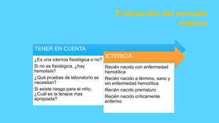 Evaluación del neonato
ictérico
TENER EN CUENTA
¿Es una ictericia fisiológica o no?
Si no es fisiológica, ¿hay
hemolisis?
¿Qué pruebas de laboratorio se
necesitan?
Si existe riesgo para el niño,
¿Cuál es la terapia mas
apropiada?
ICTERICIA
Recién nacido con enfermedad
hemolítica
Recién nacido a término, sano y
sin enfermedad hemolítica
Recién nacido prematuro
Recién nacido críticamente
enfermo
 