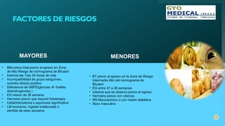 FACTORES DE RIESGOS
8
• Bilirrubina total previo al egreso en Zona
de Alto Riesgo de normograma de Bhutani
• Ictericia las 1ras 24 horas de vida
• Incompatibilidad de grupo sanguíneo,
coombs directo positivo
• Deficiencia de G6PD(glucosa -6- fosfato
deshidrogenasa )
• EG menor de 36 semana.
• Hermano previo que requirió fototerapia
• Cefalohematoma o equimosis significativa
• LM exclusiva, ingesta inadecuada o
pérdida de peso excesiva
• BT previo al egreso en la Zona de Riesgo
Intermedio Alto del normograma de
Bhutani
• EG entre 37 a 38 semanas .
• Ictericia que se observa previo al egreso
• Hermano previo con ictericia
• RN Macrosómico o con madre diabética
• Sexo masculino
MAYORES MENORES
 