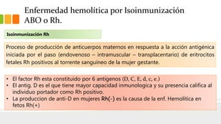 Enfermedad hemolítica por Isoinmunización 
ABO o Rh. 
Isoinmunización Rh 
Proceso de producción de anticuerpos maternos en respuesta a la acción antigénica 
iniciada por el paso (endovenoso – intramuscular – transplacentario) de eritrocitos 
fetales Rh positivos al torrente sanguíneo de la mujer gestante. 
• El factor Rh esta constituido por 6 antigenos (D, C, E, d, c, e.) 
• El antig. D es el que tiene mayor capacidad inmunologica y su presencia califica al 
individuo portador como Rh positivo. 
• La produccion de anti-D en mujeres Rh(-) es la causa de la enf. Hemolítica en 
fetos Rh(+) 
 