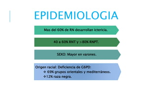 EPIDEMIOLOGIA 
Mas del 60% de RN desarrollan ictericia. 
40 a 60% RNT y >80% RNPT. 
SEXO: Mayor en varones. 
Origen racial: Deficiencia de G6PD: 
 69% grupos orientales y mediterráneos. 
12% raza negra. 
 
