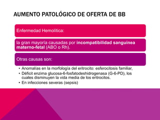 AUMENTO PATOLÓGICO DE OFERTA DE BB
Enfermedad Hemolítica:
la gran mayoría causadas por incompatibilidad sanguínea
materno-fetal (ABO o Rh).
Otras causas son:
• Anomalías en la morfología del eritrocito: esferocitosis familiar,
• Déficit enzima glucosa-6-fosfatodeshidrogenasa (G-6-PD), los
cuales disminuyen la vida media de los eritrocitos.
• En infecciones severas (sepsis)
 