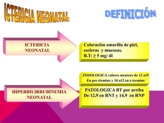 Coloración amarilla de piel,
escleras y mucosas.
B.T: ≥ 5 mg/ dl
ICTERICIA
NEONATAL
HIPERBILIRRUBINEMIA
NEONATAL
FISIOLOGICA valores menores de 12 a15
En pre término y 10 a12 en a termino
PATOLOGICA BT por arriba
De 12,9 en RNT y 14,9 en RNP
 