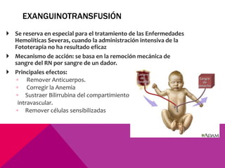 EXANGUINOTRANSFUSIÓN
 Se reserva en especial para el tratamiento de las Enfermedades
Hemolíticas Severas, cuando la administración intensiva de la
Fototerapia no ha resultado eficaz
 Mecanismo de acción: se basa en la remoción mecánica de
sangre del RN por sangre de un dador.
 Principales efectos:
◦ Remover Anticuerpos.
◦ Corregir la Anemia
◦ Sustraer Bilirrubina del compartimiento
intravascular.
◦ Remover células sensibilizadas
 