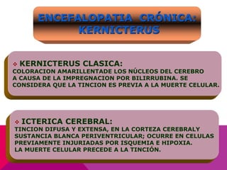 ENCEFALOPATIA CRÓNICA:
KERNICTERUS
 KERNICTERUS CLASICA:
COLORACION AMARILLENTADE LOS NÚCLEOS DEL CEREBRO
A CAUSA DE LA IMPREGNACION POR BILIRRUBINA. SE
CONSIDERA QUE LA TINCION ES PREVIA A LA MUERTE CELULAR.
 ICTERICA CEREBRAL:
TINCION DIFUSA Y EXTENSA, EN LA CORTEZA CEREBRALY
SUSTANCIA BLANCA PERIVENTRICULAR; OCURRE EN CELULAS
PREVIAMENTE INJURIADAS POR ISQUEMIA E HIPOXIA.
LA MUERTE CELULAR PRECEDE A LA TINCIÓN.
 