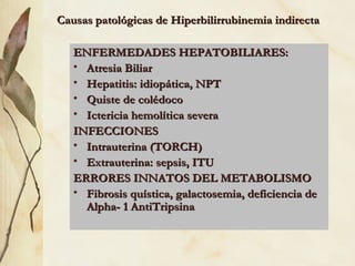 Causas patológicas de Hiperbilirrubinemia indirecta ENFERMEDADES HEPATOBILIARES: Atresia Biliar  Hepatitis: idiopática, NPT Quiste de colédoco Ictericia hemolítica severa INFECCIONES Intrauterina (TORCH) Extrauterina: sepsis, ITU ERRORES INNATOS DEL METABOLISMO Fibrosis quística, galactosemia, deficiencia de Alpha- 1 AntiTripsina 