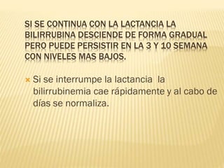 SI SE CONTINUA CON LA LACTANCIA LA
BILIRRUBINA DESCIENDE DE FORMA GRADUAL
PERO PUEDE PERSISTIR EN LA 3 Y 10 SEMANA
CON NIVELES MAS BAJOS.
 Si se interrumpe la lactancia la
bilirrubinemia cae rápidamente y al cabo de
días se normaliza.
 