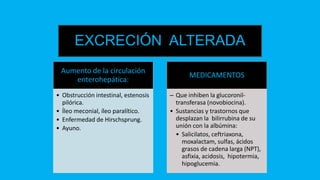 EXCRECIÓN ALTERADA
Aumento de la circulación
enterohepática:
• Obstrucción intestinal, estenosis
pilórica.
• Íleo meconial, íleo paralítico.
• Enfermedad de Hirschsprung.
• Ayuno.
MEDICAMENTOS
– Que inhiben la glucoronil-
transferasa (novobiocina).
• Sustancias y trastornos que
desplazan la bilirrubina de su
unión con la albúmina:
• Salicilatos, ceftriaxona,
moxalactam, sulfas, ácidos
grasos de cadena larga (NPT),
asfixia, acidosis, hipotermia,
hipoglucemia.
 