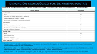 • Puntajes entre 7 y 9: ABE avanzado, requiere intervención de emergencia (transfusión de intercambio) para prevenir una mayor lesión cerebral y
potencialmente revertir el daño cerebral agudo.
• Puntuaciones entre 4 y 6: ABE moderada, que requiere intervención urgente (fototerapia intensiva y potencialmente transfusión de intercambio)
para posiblemente (según el momento de la intervención) prevenir y revertir la lesión cerebral.
• Puntajes entre 1 y 3: consistentes con signos sutiles de ABE, que requieren intervención (fototerapia) dependiendo de la bilirrubina total.
DISFUNCIÓN NEUROLÓGICO POR BILIRRUBINA: PUNTAJE
 