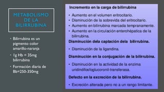METABOLISMO
DE LA
BILIRRUBINA
• Bilirrubina es un
pigmento color
amarillo-naranja
• 1g Hb = 35mg
bilirrubina
• Formación diaria de
Bb=250-350mg
 