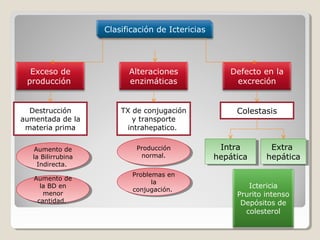 Clasificación de Ictericias




  Exceso de                Alteraciones               Defecto en la
 producción                enzimáticas                 excreción


  Destrucción            TX de conjugación              Colestasis
aumentada de la             y transporte
 materia prima             intrahepatico.


    Aumento de
     Aumento de              Producción
                              Producción            Intra
                                                     Intra       Extra
                                                                  Extra
   la Bilirrubina
    la Bilirrubina             normal.
                                normal.            hepática
                                                   hepática     hepática
                                                                 hepática
     Indirecta.
      Indirecta.
                            Problemas en
                             Problemas en
   Aumento de
    Aumento de                    la
                                   la
     la BD en
      la BD en              conjugación.
                                                           Ictericia
      menor                  conjugación.
       menor                                            Prurito intenso
    cantidad.
     cantidad.                                           Depósitos de
                                                          colesterol
 