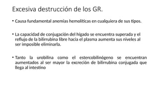 Excesiva destrucción de los GR.
• Causa fundamental anemias hemolíticas en cualquiera de sus tipos.
• La capacidad de conjugación del hígado se encuentra superada y el
reflujo de la bilirrubina libre hacia el plasma aumenta sus niveles al
ser imposible eliminarla.
• Tanto la urobilina como el estercobilinógeno se encuentran
aumentados al ser mayor la excreción de bilirrubina conjugada que
llega al intestino
 