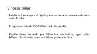 Síntesis biliar
• La bilis es formada por el hígado y es concentrada y almacenada en la
vesícula biliar.
• El hígado secreta de 250-1500 ml de4 bilis por día
• Liquido denso formado por bilirrubina, electrolitos, agua, sales
biliares, bicarbonato, colesterol ácidos grasos y lecitina.
 