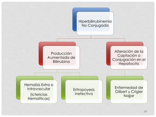Hiperbilirrubinemia
No Conjugada
Producción
Aumentada de
Bilirrubina
Hemolisis Extra o
Intravascular
(Ictericias
Hemolíticas)
Eritropoyesis
inefectiva
Alteración de la
Captación o
Conjugación en el
Hepatocito
Enfermedad de
Gilbert y Crigler
Najjar
19
 