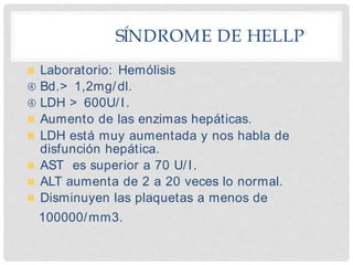 SÍNDROME DE HELLP
 Laboratorio: Hemólisis
 Bd.> 1,2mg/dl.
 LDH > 600U/I.
 Aumento de las enzimas hepáticas.
 LDH está muy aumentada y nos habla de
disfunción hepática.
 AST es superior a 70 U/I.
 ALT aumenta de 2 a 20 veces lo normal.
 Disminuyen las plaquetas a menos de
100000/mm3.
 