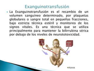  La Exanguinotransfusión es el recambio de un
volumen sanguíneo determinado, por plaquetas
globulares o sangre total en pequeñas fracciones,
bajo estricta técnica estéril y monitoreo de los
signos vitales. Es una técnica que se utiliza
principalmente para mantener la bilirrubina sérica
por debajo de los niveles de neurototoxicidad.
 