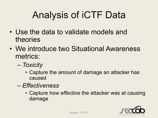 Analysis of iCTF Data
• Use the data to validate models and
  theories
• We introduce two Situational Awareness
  metrics:...
