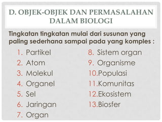 D. OBJEK-OBJEK DAN PERMASALAHAN
          DALAM BIOLOGI
Tingkatan tingkatan mulai dari susunan yang
paling sederhana sampai pada yang komples :
  1.   Partikel        8. Sistem organ
  2.   Atom            9. Organisme
  3.   Molekul         10.Populasi
  4.   Organel         11.Komunitas
  5.   Sel             12.Ekosistem
  6.   Jaringan        13.Biosfer
  7.   Organ
 