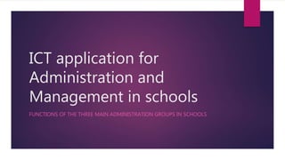 ICT application for
Administration and
Management in schools
FUNCTIONS OF THE THREE MAIN ADMINISTRATION GROUPS IN SCHOOLS
 