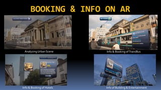 BOOKING & INFO ON AR
Analyzing Urban Scene Info & Booking ofTrain/Bus
Info & Booking of Hotels Info of Building & Entertainment
 