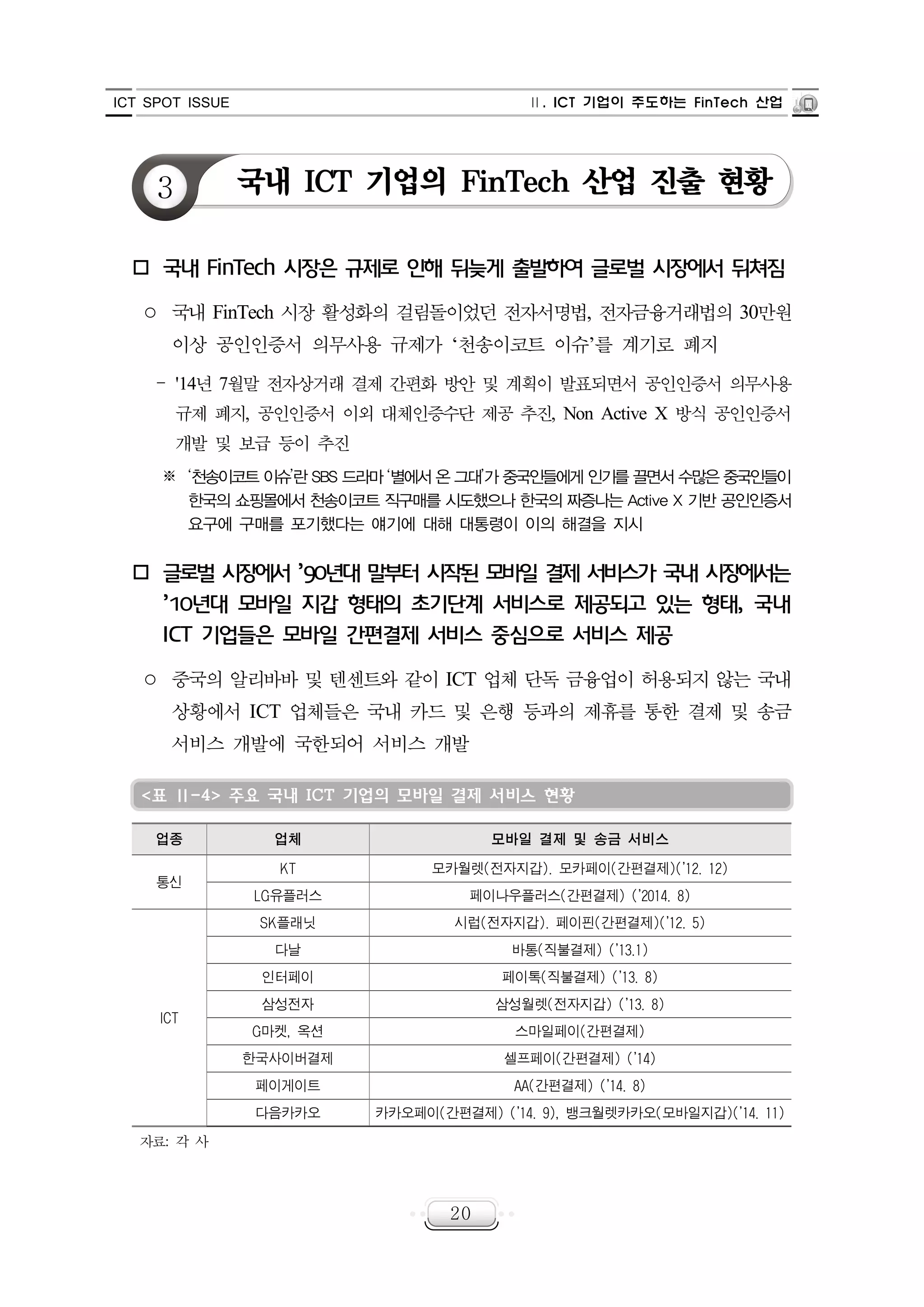 ICT SPOT ISSUE Ⅱ. ICT 기업이 주도하는 FinTech 산업
20
3 국내 ICT 기업의 FinTech 산업 진출 현황
o 국내 FinTech 시장은 규제로 인해 뒤늦게 출발하여 글로벌 시장에서 뒤쳐짐
○ 국내 FinTech 시장 활성화의 걸림돌이었던 전자서명법, 전자금융거래법의 30만원
이상 공인인증서 의무사용 규제가 ‘천송이코트 이슈’를 계기로 폐지
‒ '14년 7월말 전자상거래 결제 간편화 방안 및 계획이 발표되면서 공인인증서 의무사용
규제 폐지, 공인인증서 이외 대체인증수단 제공 추진, Non Active X 방식 공인인증서
개발 및 보급 등이 추진
※ ‘천송이코트이슈’란SBS 드라마‘별에서온그대’가중국인들에게인기를끌면서수많은중국인들이
한국의 쇼핑몰에서 천송이코트 직구매를 시도했으나 한국의 짜증나는 Active X 기반 공인인증서
요구에 구매를 포기했다는 얘기에 대해 대통령이 이의 해결을 지시
o 글로벌 시장에서 ’90년대 말부터 시작된 모바일 결제 서비스가 국내 시장에서는
’10년대 모바일 지갑 형태의 초기단계 서비스로 제공되고 있는 형태, 국내
ICT 기업들은 모바일 간편결제 서비스 중심으로 서비스 제공
○ 중국의 알리바바 및 텐센트와 같이 ICT 업체 단독 금융업이 허용되지 않는 국내
상황에서 ICT 업체들은 국내 카드 및 은행 등과의 제휴를 통한 결제 및 송금
서비스 개발에 국한되어 서비스 개발
<표 Ⅱ-4> 주요 국내 ICT 기업의 모바일 결제 서비스 현황
업종 업체 모바일 결제 및 송금 서비스
통신
KT 모카월렛(전자지갑). 모카페이(간편결제)(’12. 12)
LG유플러스 페이나우플러스(간편결제) (’2014. 8)
ICT
SK플래닛 시럽(전자지갑). 페이핀(간편결제)(’12. 5)
다날 바통(직불결제) (’13.1)
인터페이 페이톡(직불결제) (’13. 8)
삼성전자 삼성월렛(전자지갑) (’13. 8)
G마켓, 옥션 스마일페이(간편결제)
한국사이버결제 셀프페이(간편결제) (’14)
페이게이트 AA(간편결제) (’14. 8)
다음카카오 카카오페이(간편결제) (’14. 9), 뱅크월렛카카오(모바일지갑)(’14. 11)
자료: 각 사
 