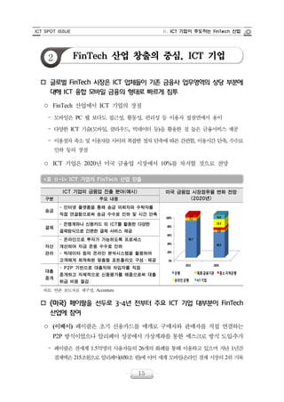 ICT SPOT ISSUE Ⅱ. ICT 기업이 주도하는 FinTech 산업
15
2 FinTech 산업 창출의 중심, ICT 기업
o 글로벌 FinTech 시장은 ICT 업체들이 기존 금융사 업무영역의 상당 부분에
대해 ICT 융합 모바일 금융의 형태로 빠르게 침투
○ FinTech 산업에서 ICT 기업의 장점
‒ 모바일은 PC 웹 보다도 접근성, 활동성, 편리성 등 이용자 접점면에서 용이
‒ 다양한 ICT 기술(모바일, 클라우드, 빅데이터 등)을 활용한 질 높은 금융서비스 제공
‒ 이용절차 축소 및 이용자들 사이의 복잡한 절차 단축에 따른 간편함, 이용시간 단축, 수수료
인하 등의 장점
○ ICT 기업은 2020년 미국 금융업 시장에서 10%를 차지할 것으로 전망
<표 Ⅱ-1> ICT 기업의 FinTech 산업 진출
ICT 기업의 금융업 진출 분야(예시) 미국 금융업 시장점유율 변화 전망
(2020년)구분 주요 내용
송금 - 인터넷 플랫폼을 통해 송금 의뢰자와 수탁자를
직접 연결함으로써 송금 수수료 인하 및 시간 단축
0%
20%
40%
60%
80%
100%
2013 2020
85.7
60.0
7.1
5.0
6.0
5.7
19.3
10.0
은행 특화금융기관 중소지역은행
온라인은행 ICT기업
결제 - 은행계좌나 신용카드 외 ICT를 활용한 다양한
결제방식으로 간편한 결제 서비스 제공
자산
관리
- 온라인으로 투자가 가능하도록 프로세스
개선하여 자금 운용 수수료 인하
- 빅데이터 등의 온라인 분석시스템을 활용하여
고객에게 최적화된 맞춤형 포트폴리오 구성․제공
대출
중개
- P2P 기반으로 대출자와 차입자를 직접
중개하고 자체적으로 신용평가를 해줌으로써 대출
취급 비용 절감
자료: 언론 보도자료 재구성, Accenture
o (미국) 페이팔을 선두로 3~4년 전부터 주요 ICT 기업 대부분이 FinTech
산업에 참여
○ (이베이) 페이팔은 초기 신용카드를 매개로 구매자와 판매자를 직접 연결하는
P2P 방식이었으나 알리페이 성공에서 가상계좌를 통한 에스크로 방식 도입․추가
‒ 페이팔은 전세계 1.5억명의 사용자들의 26개의 화폐를 통해 이용하고 있으며 지난 1년간
결제액은 215조원으로 알리페이(650조 원)에 이어 세계 모바일․온라인 결제 시장의 2위 기록
 
