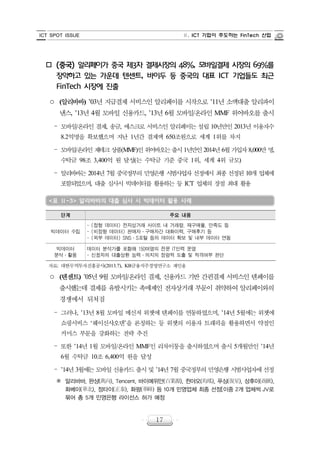 ICT SPOT ISSUE Ⅱ. ICT 기업이 주도하는 FinTech 산업
17
o (중국) 알리페이가 중국 제3자 결제시장의 48%, 모바일결제 시장의 69%를
장악하고 있는 가운데 텐센트, 바이두 등 중국의 대표 ICT 기업들도 최근
FinTech 시장에 진출
○ (알리바바) ’03년 지급결제 서비스인 알리페이를 시작으로 ’11년 소액대출 알리파이
낸스, ’13년 4월 모바일 신용카드, ’13년 6월 모바일/온라인 MMF 위어바오를 출시
‒ 모바일/온라인 결제, 송금, 에스크로 서비스인 알리페이는 설립 10년만인 2013년 이용자수
8.2억명을 확보했으며 지난 1년간 결제액 650조원으로 세계 1위를 차지
‒ 모바일/온라인 재테크 상품(MMF)인 위어바오는 출시 1년만인 2014년 6월 가입자 8,000만 명,
수탁금 98조 3,400억 원 달성(는 수탁금 기준 중국 1위, 세계 4위 규모)
‒ 알리바바는 2014년 7월 중국정부의 민영은행 시범사업자 선정에서 최종 선정된 10개 업체에
포함되었으며, 대출 심사시 빅데이터를 활용하는 등 ICT 업체의 장점 최대 활용
<표 Ⅱ-3> 알리바바의 대출 심사 시 빅데이터 활용 사례
단계 주요 내용
빅데이터 수집
- (정형 데이터) 전자상거래 사이트 내 거래량, 재구매율, 만족도 등
- (비정형 데이터) 판매자․구매자간 대화이력, 구매후기 등
- (외부 데이터) SNS․S포털 등의 데이터 확보 및 내부 데이터 연동
빅데이터
분석․활용
데이터 분석가를 포함해 150여명의 전문 IT인력 운영
- 신청자의 대출상환 능력․의지의 정량적 도출 및 적격여부 판단
자료: 대한무역투자진흥공사(2013.7), KB금융지주경영연구소 재인용
○ (텐센트) ’05년 9월 모바일/온라인 결제, 신용카드 기반 간편결제 서비스인 텐페이를
출시했는데 결제를 유발시키는 촉매제인 전자상거래 부문이 취약하여 알리페이와의
경쟁에서 뒤쳐짐
‒ 그러나, ’13년 8월 모바일 메신저 위챗에 텐페이를 연동하였으며, ’14년 5월에는 위챗에
쇼핑서비스 ‘웨이신샤오덴’을 론칭하는 등 위챗의 이용자 트래픽을 활용하면서 약점인
커머스 부문을 강화하는 전략 추진
‒ 또한 ’14년 1월 모바일/온라인 MMF인 리차이퉁을 출시하였으며 출시 5개월만인 ’14년
6월 수탁금 10조 6,400억 원을 달성
‒ ’14년 3월에는 모바일 신용카드 출시 및 ’14년 7월 중국정부의 민영은행 시범사업자에 선정
※ 알리바바, 완샹(萬向), Tencent, 바이예위안(百業源), 쥔야오(均瑤), 푸싱(復星), 상후이(商匯),
화베이(華北), 정타이(正泰), 화펑(華峰) 등 10개 민영업체 최종 선정[이중 2개 업체씩 JV로
묶어 총 5개 민영은행 라이선스 허가 예정
 