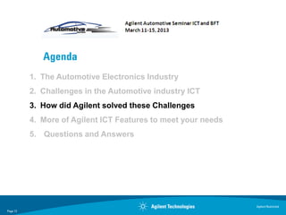 Agenda
          1. The Automotive Electronics Industry
          2. Challenges in the Automotive industry ICT
          3. How did Agilent solved these Challenges
          4. More of Agilent ICT Features to meet your needs
          5. Questions and Answers




                                                               Agilent Restricted
Page 12
 