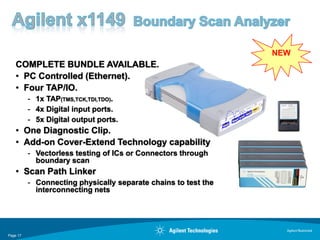 NEW
    COMPLETE BUNDLE AVAILABLE.
    • PC Controlled (Ethernet).
    • Four TAP/IO.
          - 1x TAP(TMS,TCK,TDI,TDO).
          - 4x Digital input ports.
          - 5x Digital output ports.
    • One Diagnostic Clip.
    • Add-on Cover-Extend Technology capability
          - Vectorless testing of ICs or Connectors through
            boundary scan
    • Scan Path Linker
          - Connecting physically separate chains to test the
            interconnecting nets




                                                                  Agilent Restricted
Page 17
 