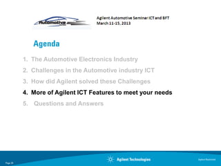 Agenda
          1. The Automotive Electronics Industry
          2. Challenges in the Automotive industry ICT
          3. How did Agilent solved these Challenges
          4. More of Agilent ICT Features to meet your needs
          5. Questions and Answers




                                                               Agilent Restricted
Page 20
 