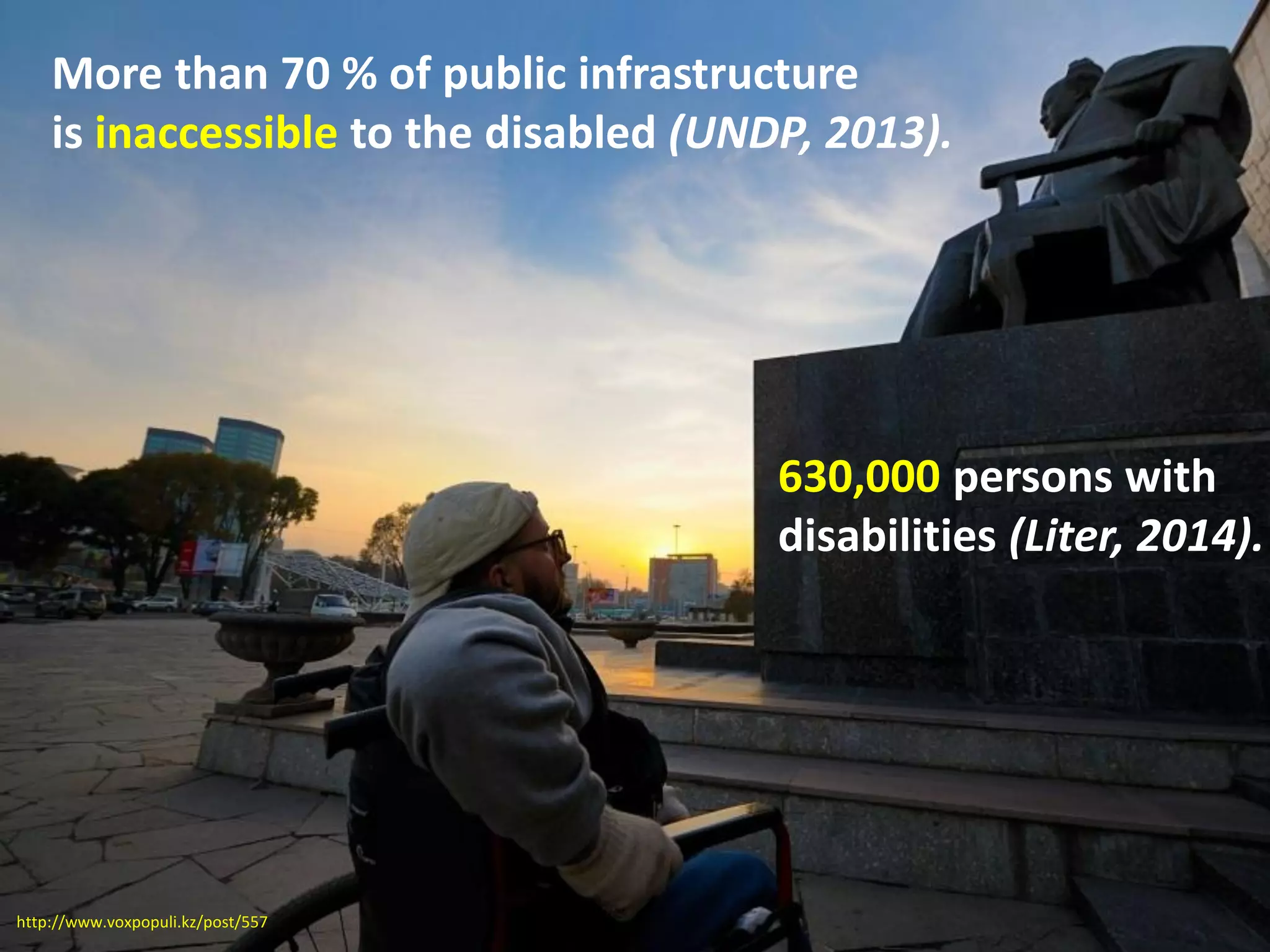 More than 70 % of public infrastructure
is inaccessible to the disabled (UNDP, 2013).
http://www.voxpopuli.kz/post/557
630,000 persons with
disabilities (Liter, 2014).
 