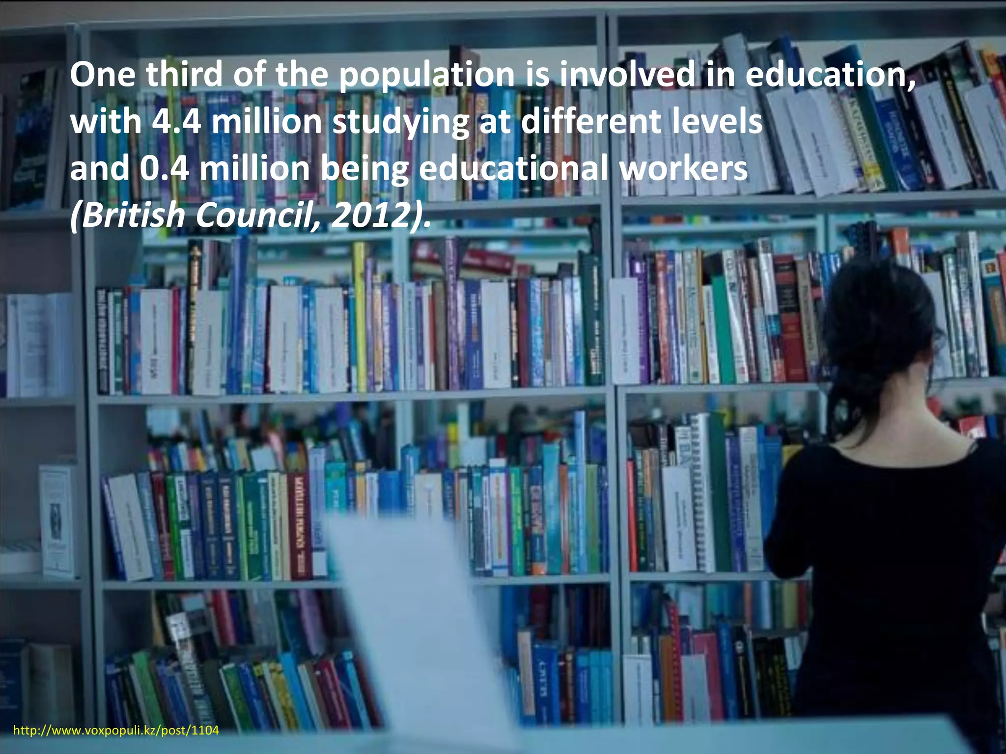 One third of the population is involved in education,
with 4.4 million studying at different levels
and 0.4 million being educational workers
(British Council, 2012).
http://www.voxpopuli.kz/post/1104
 