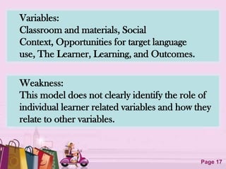 Variables:
Classroom and materials, Social
Context, Opportunities for target language
use, The Learner, Learning, and Outcomes.

Weakness:
This model does not clearly identify the role of
individual learner related variables and how they
relate to other variables.


                Free Powerpoint Templates
                                              Page 17
 