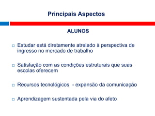 Principais Aspectos

                         ALUNOS

   Estudar está diretamente atrelado à perspectiva de
    ingresso no mercado de trabalho

   Satisfação com as condições estruturais que suas
    escolas oferecem

   Recursos tecnológicos - expansão da comunicação

   Aprendizagem sustentada pela via do afeto
 