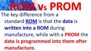 ROM vs PROM
The key difference from a
standard ROM is that the data is
written into a ROM during
manufacture, while with a PROM the
data is programmed into them after
manufacture.
 