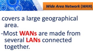 Wide Area Network (WAN)
-covers a large geographical
area.
-Most WANs are made from
several LANs connected
together.
 