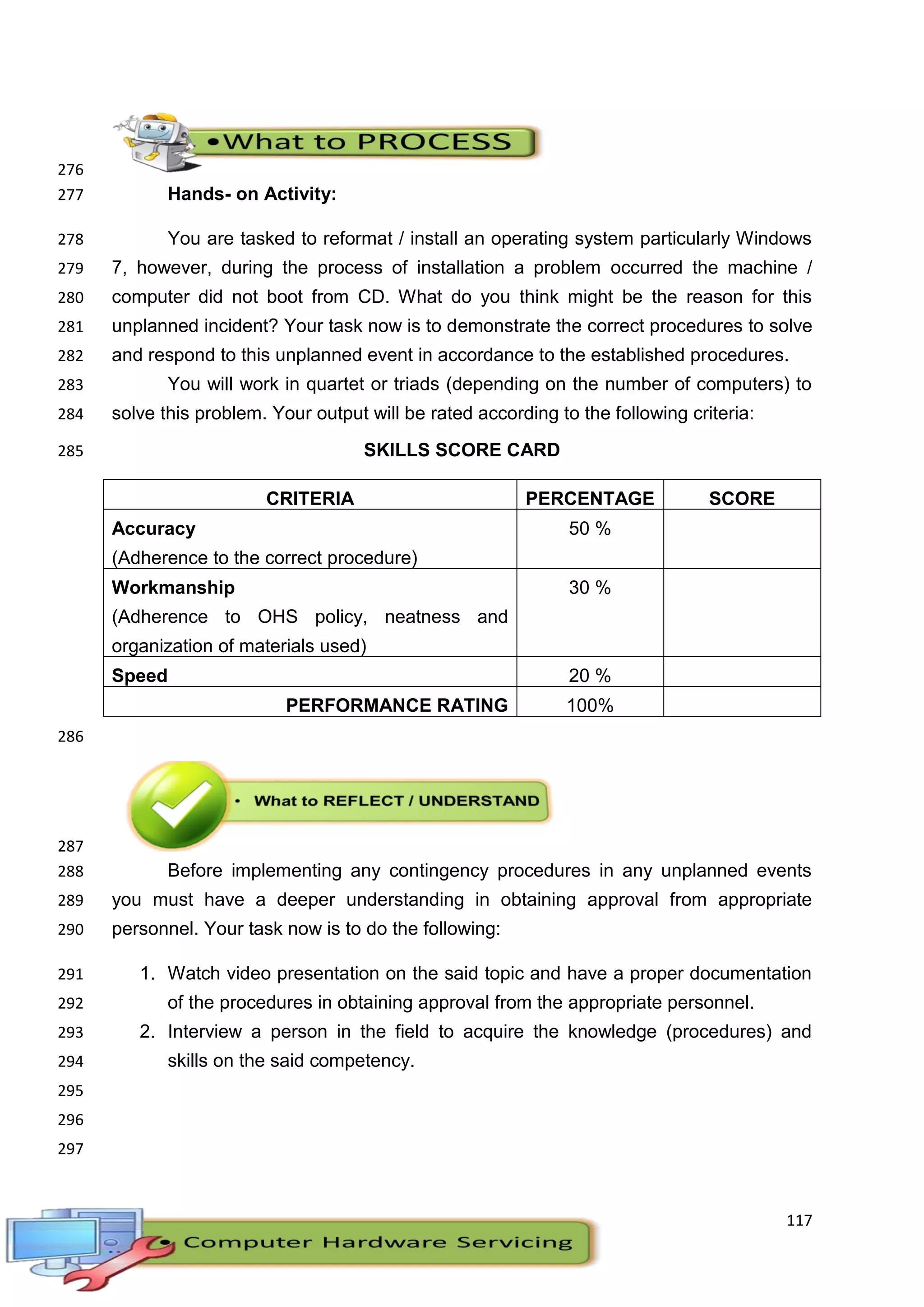 117
276
Hands- on Activity:277
You are tasked to reformat / install an operating system particularly Windows278
7, however, during the process of installation a problem occurred the machine /279
computer did not boot from CD. What do you think might be the reason for this280
unplanned incident? Your task now is to demonstrate the correct procedures to solve281
and respond to this unplanned event in accordance to the established procedures.282
You will work in quartet or triads (depending on the number of computers) to283
solve this problem. Your output will be rated according to the following criteria:284
SKILLS SCORE CARD285
CRITERIA PERCENTAGE SCORE
Accuracy
(Adherence to the correct procedure)
50 %
Workmanship
(Adherence to OHS policy, neatness and
organization of materials used)
30 %
Speed 20 %
PERFORMANCE RATING 100%
286
287
Before implementing any contingency procedures in any unplanned events288
you must have a deeper understanding in obtaining approval from appropriate289
personnel. Your task now is to do the following:290
1. Watch video presentation on the said topic and have a proper documentation291
of the procedures in obtaining approval from the appropriate personnel.292
2. Interview a person in the field to acquire the knowledge (procedures) and293
skills on the said competency.294
295
296
297
 