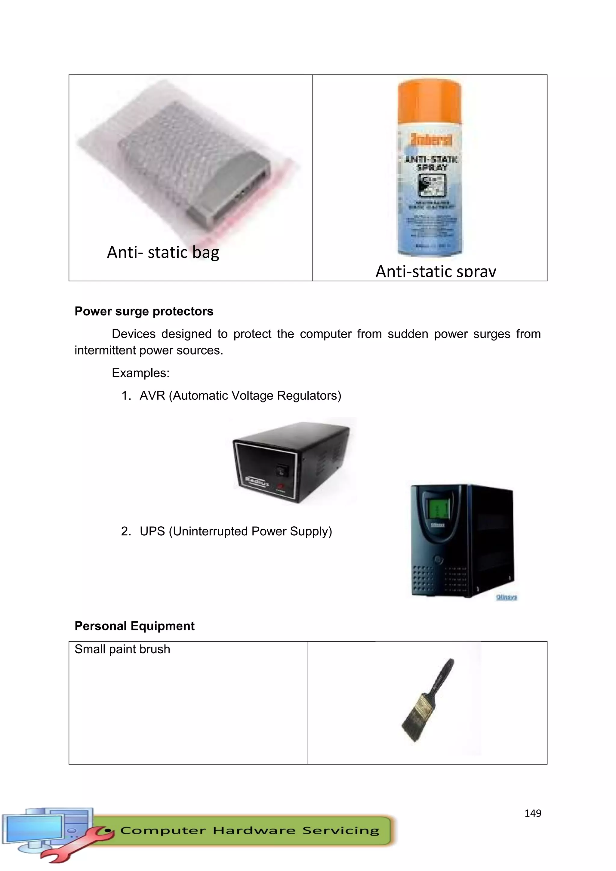 149
Power surge protectors
Devices designed to protect the computer from sudden power surges from
intermittent power sources.
Examples:
1. AVR (Automatic Voltage Regulators)
2. UPS (Uninterrupted Power Supply)
Personal Equipment
Small paint brush
Anti- static bag
Anti-static spray
 
