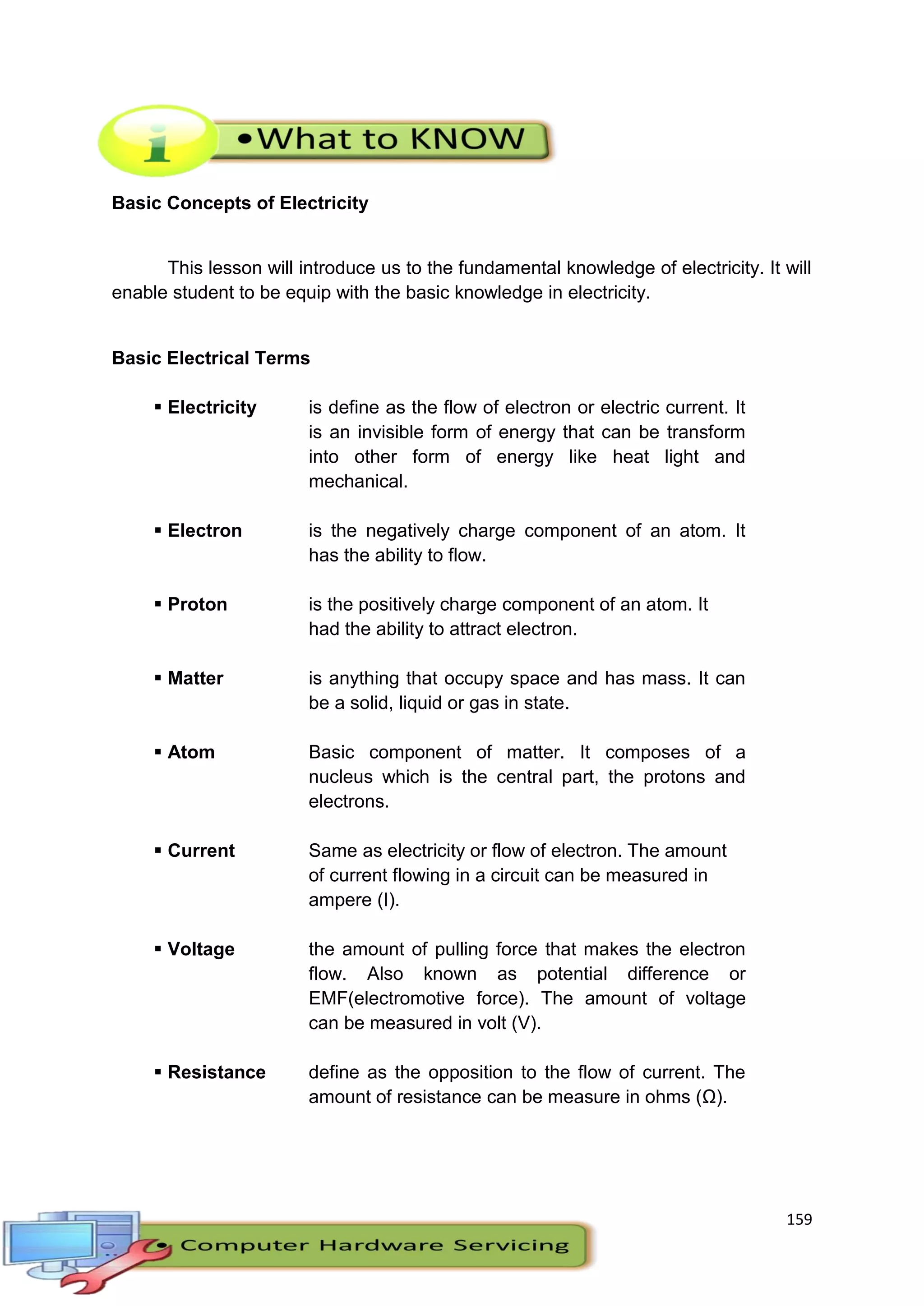 159
Basic Concepts of Electricity
This lesson will introduce us to the fundamental knowledge of electricity. It will
enable student to be equip with the basic knowledge in electricity.
Basic Electrical Terms
 Electricity is define as the flow of electron or electric current. It
is an invisible form of energy that can be transform
into other form of energy like heat light and
mechanical.
 Electron is the negatively charge component of an atom. It
has the ability to flow.
 Proton is the positively charge component of an atom. It
had the ability to attract electron.
 Matter is anything that occupy space and has mass. It can
be a solid, liquid or gas in state.
 Atom Basic component of matter. It composes of a
nucleus which is the central part, the protons and
electrons.
 Current Same as electricity or flow of electron. The amount
of current flowing in a circuit can be measured in
ampere (I).
 Voltage the amount of pulling force that makes the electron
flow. Also known as potential difference or
EMF(electromotive force). The amount of voltage
can be measured in volt (V).
 Resistance define as the opposition to the flow of current. The
amount of resistance can be measure in ohms (Ω).
 