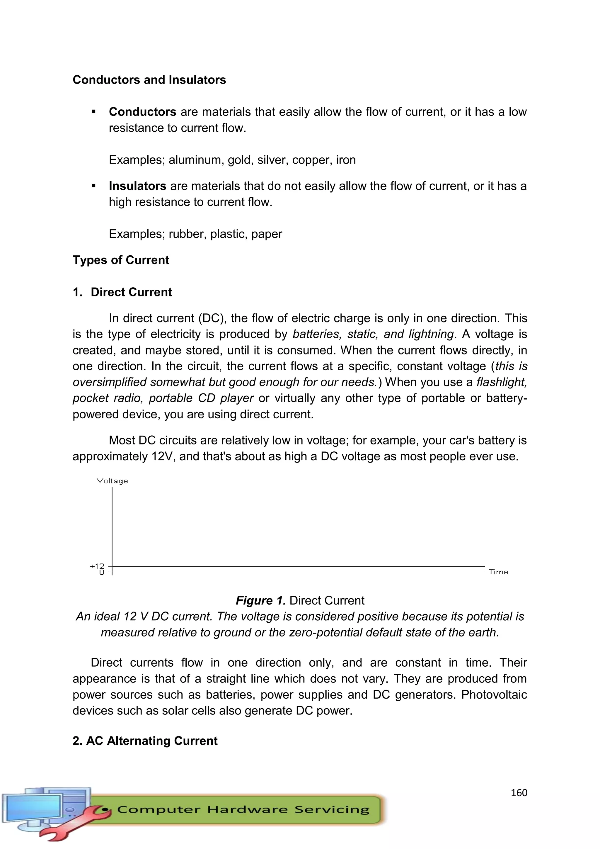 160
Conductors and Insulators
 Conductors are materials that easily allow the flow of current, or it has a low
resistance to current flow.
Examples; aluminum, gold, silver, copper, iron
 Insulators are materials that do not easily allow the flow of current, or it has a
high resistance to current flow.
Examples; rubber, plastic, paper
Types of Current
1. Direct Current
In direct current (DC), the flow of electric charge is only in one direction. This
is the type of electricity is produced by batteries, static, and lightning. A voltage is
created, and maybe stored, until it is consumed. When the current flows directly, in
one direction. In the circuit, the current flows at a specific, constant voltage (this is
oversimplified somewhat but good enough for our needs.) When you use a flashlight,
pocket radio, portable CD player or virtually any other type of portable or battery-
powered device, you are using direct current.
Most DC circuits are relatively low in voltage; for example, your car's battery is
approximately 12V, and that's about as high a DC voltage as most people ever use.
Figure 1. Direct Current
An ideal 12 V DC current. The voltage is considered positive because its potential is
measured relative to ground or the zero-potential default state of the earth.
Direct currents flow in one direction only, and are constant in time. Their
appearance is that of a straight line which does not vary. They are produced from
power sources such as batteries, power supplies and DC generators. Photovoltaic
devices such as solar cells also generate DC power.
2. AC Alternating Current
 