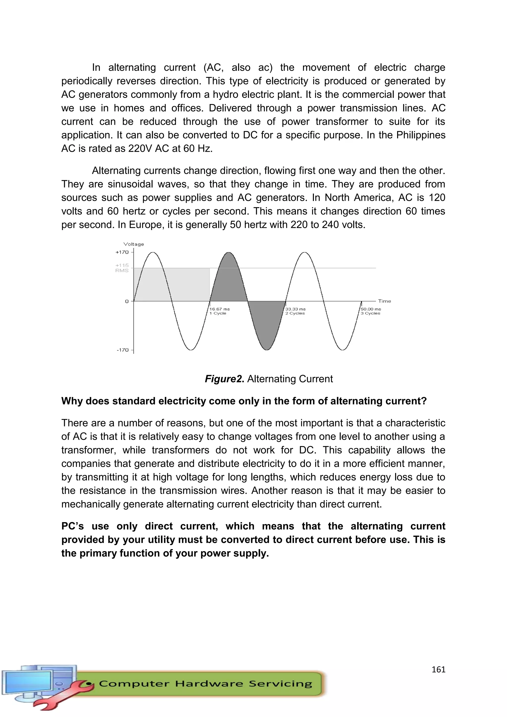 161
In alternating current (AC, also ac) the movement of electric charge
periodically reverses direction. This type of electricity is produced or generated by
AC generators commonly from a hydro electric plant. It is the commercial power that
we use in homes and offices. Delivered through a power transmission lines. AC
current can be reduced through the use of power transformer to suite for its
application. It can also be converted to DC for a specific purpose. In the Philippines
AC is rated as 220V AC at 60 Hz.
Alternating currents change direction, flowing first one way and then the other.
They are sinusoidal waves, so that they change in time. They are produced from
sources such as power supplies and AC generators. In North America, AC is 120
volts and 60 hertz or cycles per second. This means it changes direction 60 times
per second. In Europe, it is generally 50 hertz with 220 to 240 volts.
Figure2. Alternating Current
Why does standard electricity come only in the form of alternating current?
There are a number of reasons, but one of the most important is that a characteristic
of AC is that it is relatively easy to change voltages from one level to another using a
transformer, while transformers do not work for DC. This capability allows the
companies that generate and distribute electricity to do it in a more efficient manner,
by transmitting it at high voltage for long lengths, which reduces energy loss due to
the resistance in the transmission wires. Another reason is that it may be easier to
mechanically generate alternating current electricity than direct current.
PC’s use only direct current, which means that the alternating current
provided by your utility must be converted to direct current before use. This is
the primary function of your power supply.
 